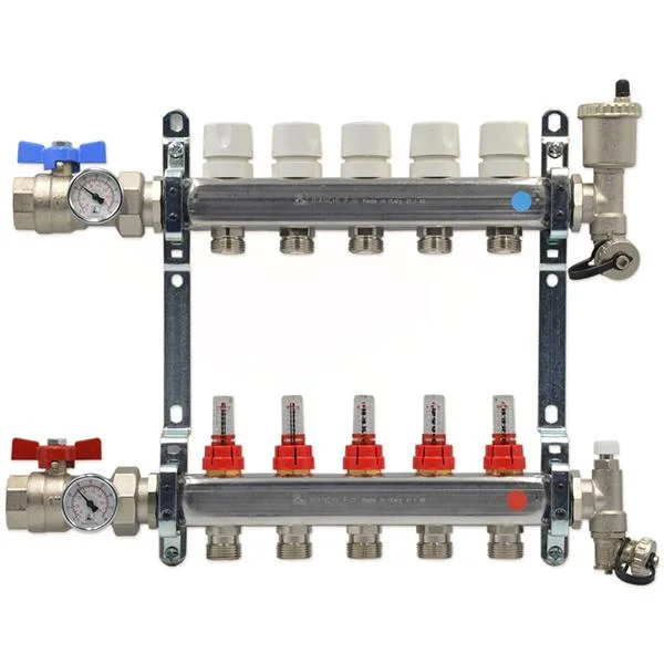 Колектор в зборі нержавійка Bianchi Ø 1"×3/4" EK - 12 контурів, L=791 мм (крани + зливна група, з витратомірами)
