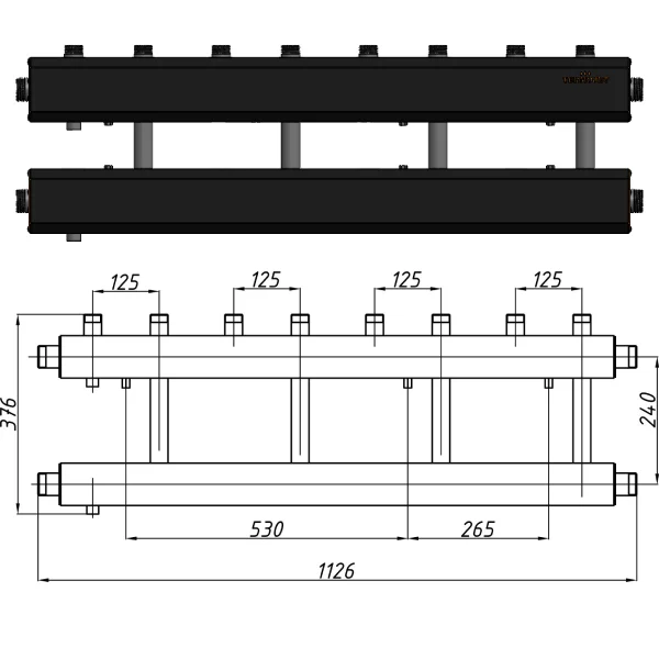 Коллектор для котельной Termojet К42В125(240) Ø 1-1/2"×1" - 4+1 контуров (в изоляции)