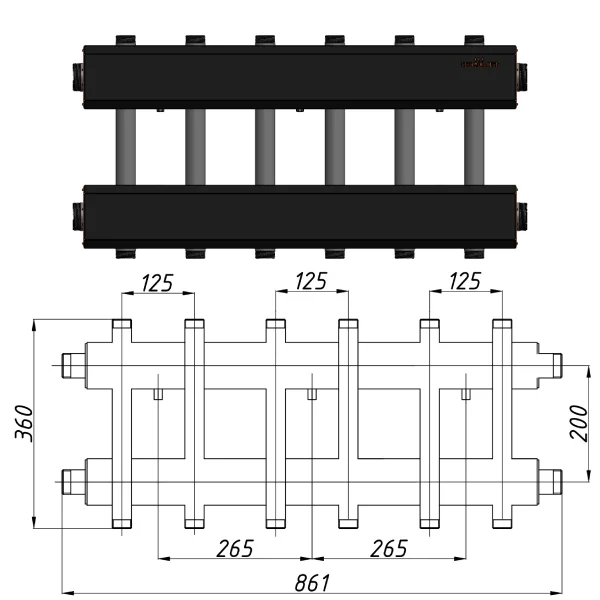 Коллектор для котельной Termojet К62ВН125 (200) Ø 1-1/4"×1" - 6+1 контуров (в изоляции)