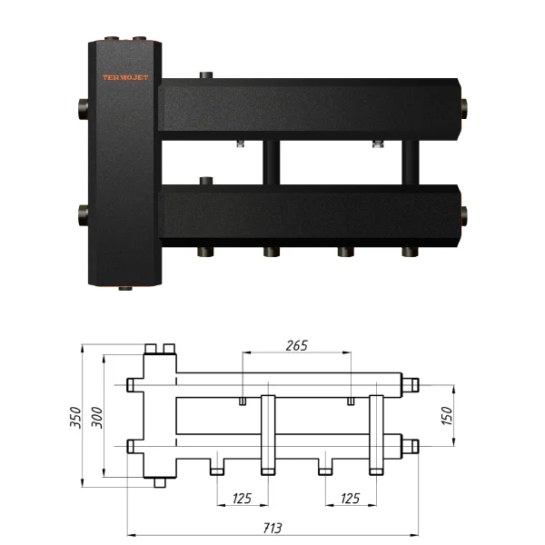 Колектор для котельні Termojet КГС22Н125(150) Ø 1"×1" - 2+1 контури (в ізоляції)