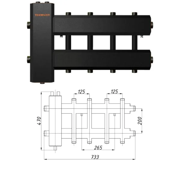 Коллектор с гидрострелкой Termojet КГС42ВН125(200) Ø 1-1/4"×1" - 4+1 контуров (в изоляции)