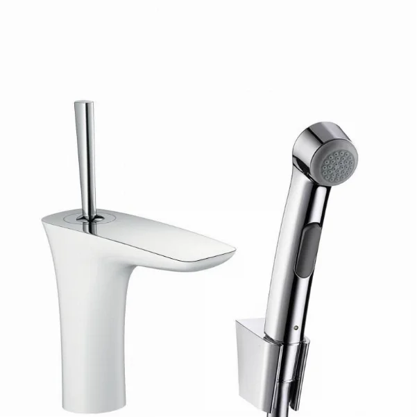 Смеситель для умывальника Hansgrohe PuraVida с гигиеническим душем и сливным клапаном Push-Open, белый/хром