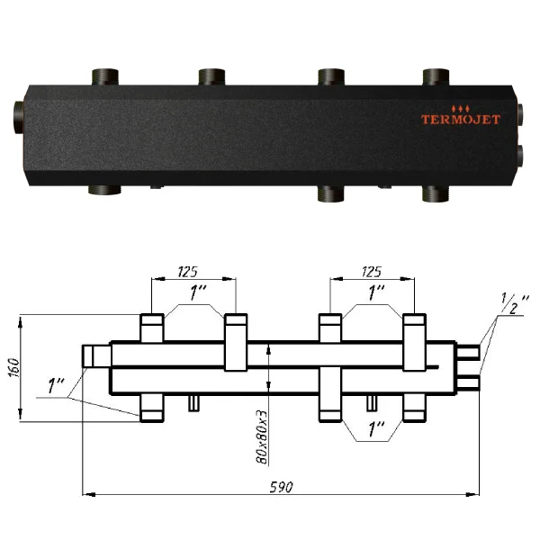 Коллектор для котельной Termojet КГС31ВН125 Ø 1"×1" - 3 контура (в изоляции)