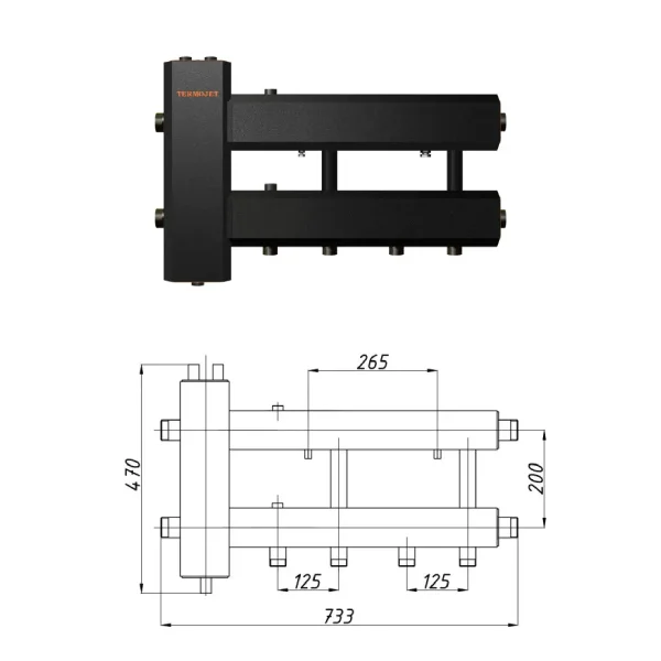 Коллектор для котельной Termojet КГС22Н125(200) Ø 1 1/4"×1" - 2+1 контуров (с изоляцией)