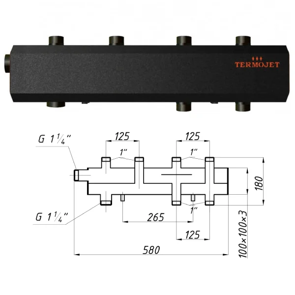 Коллектор для котельной Termojet К21В125 Ø 1-1/4"×1" - 2+1 контуров (в изоляции)