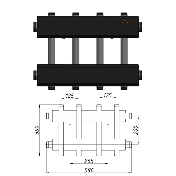 Коллектор для котельной Termojet К42ВН125 (200) Ø 1-1/4"×1" - 4+1 контуров (в изоляции)