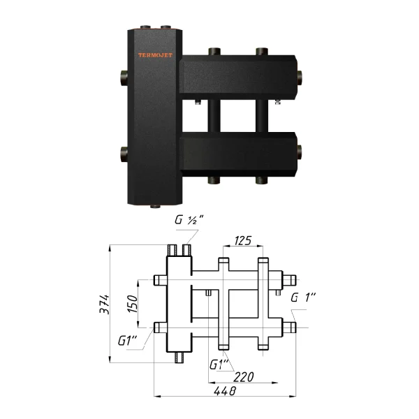 Колектор для котельні Termojet КГС22ВН125(150) Ø 1"×1" - 2+1 контури (в ізоляції)