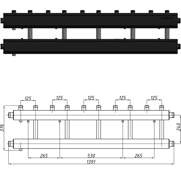 Коллектор для котельной Termojet К52В125(240) Ø 1-1/2"×1" - 5+1 контуров (в изоляции)