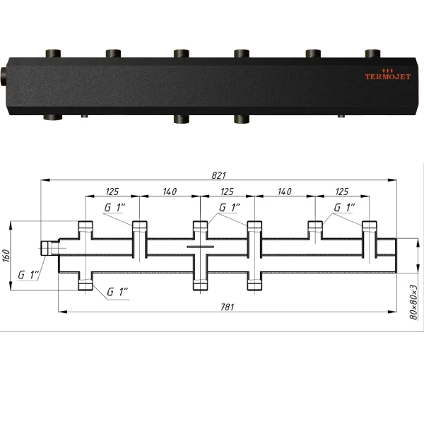 Коллектор для котельной Termojet К41В125М Ø 1"×1" - 3+1 контуров (в изоляции)