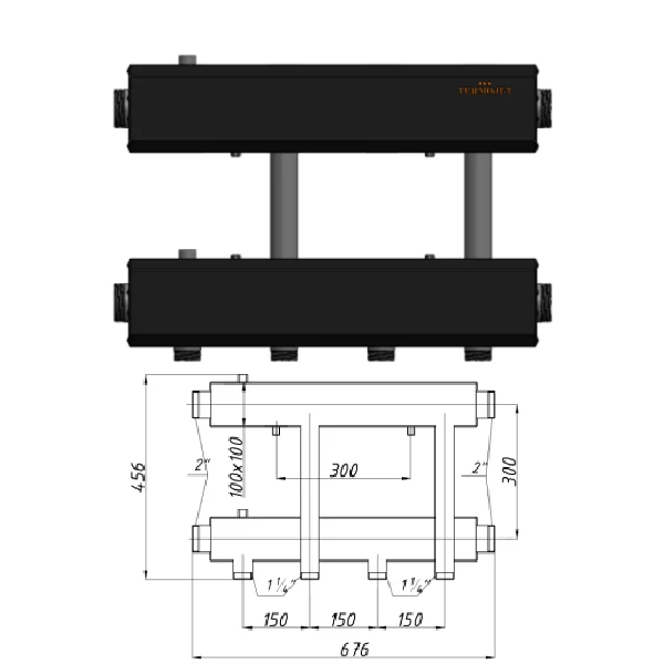 Колектор для котельні Termojet К22Н150(300) Ø 1-1/4"×2" - 2+1 контурів (в ізоляції)