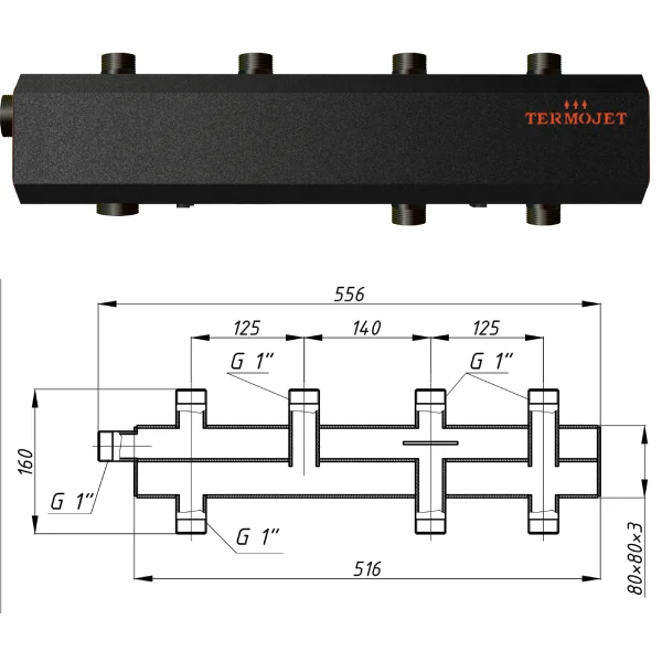 Коллектор для котельной Termojet К31В125М Ø 1"×1" - 2+1 контуров (в изоляции)