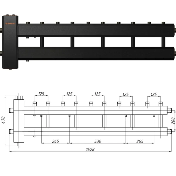 Коллектор для котельной Termojet КГС52В125(200) Ø 1 1/4"×1" - 5+1 контуров (с изоляцией)