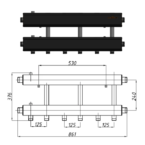 Коллектор для котельной Termojet К32Н125(240) Ø 1-1/2"×1" - 3+1 контуров (в изоляции)