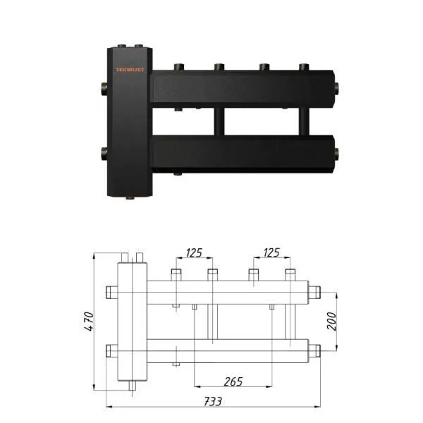 Коллектор для котельной Termojet КГС22В125(200) Ø 1 1/4"×1" - 2+1 контуров (с изоляцией)