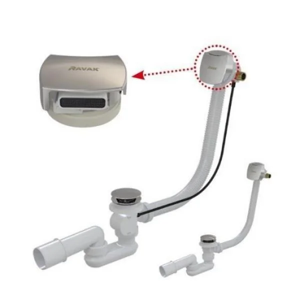 Сифон для ванни RAVAK 570 мм, ХРОМ управління тросом (наповнення ванни через перелив