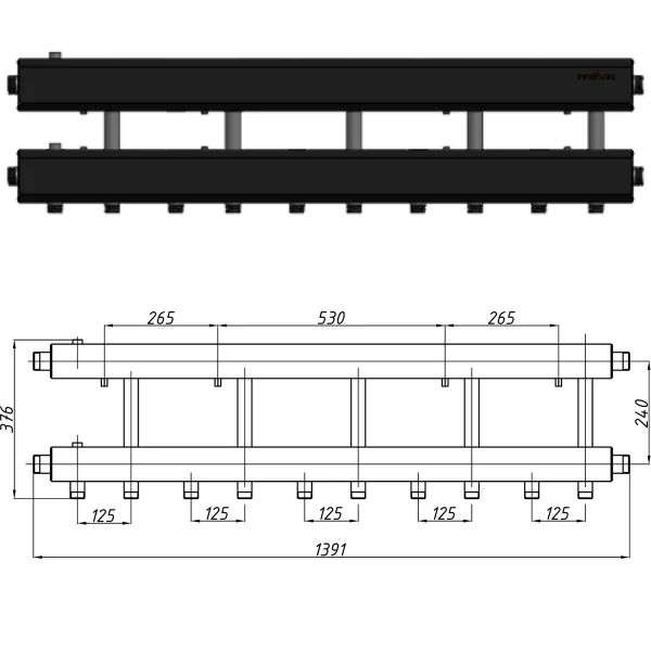 Коллектор для котельной Termojet К52Н125(240) Ø 1-1/2"×1" - 5+1 контуров (в изоляции)