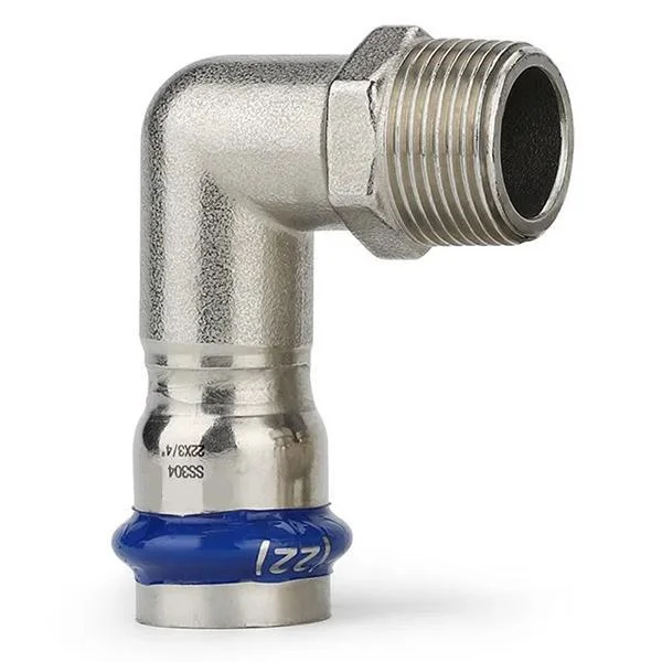 Коліно коротке прес нержавійка ASG Inox Press Ø 22×3/4" зовнішня різьба