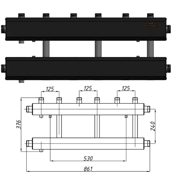 Коллектор для котельной Termojet К32В125(240) Ø 1-1/2"×1" - 3+1 контура (в изоляции)