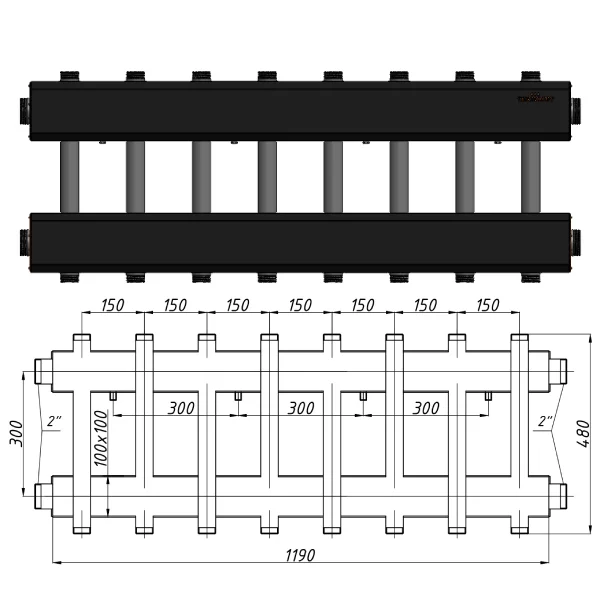 Коллектор для котельной Termojet К82ВН150(300) Ø 1-1/4"×2" - 8+1 контуров (в изоляции)
