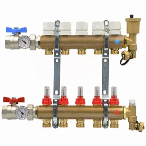 Колектор латунний в зборі Bianchi Ø 1"×3/4" EK - 9 контурів (крани 2 шт. + зливна група, з витратомірами)