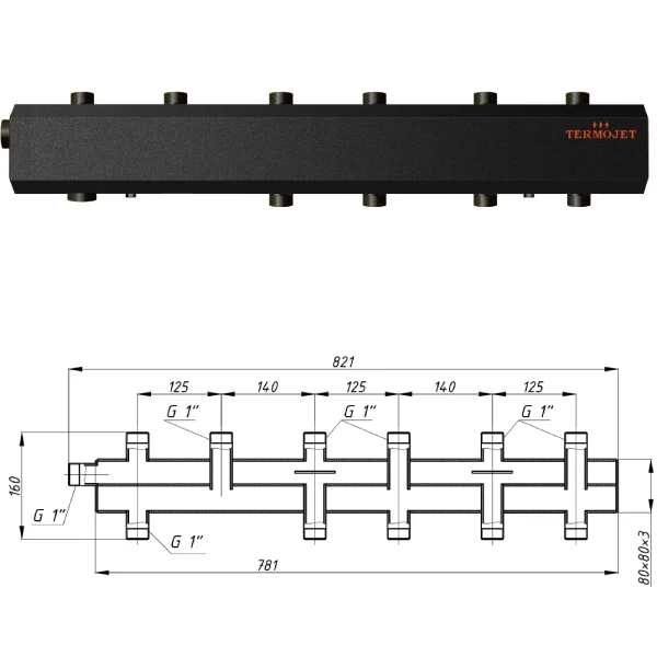 Коллектор для котельной Termojet К51В125М Ø 1"×1" - 3+2 контуров (в изоляции)
