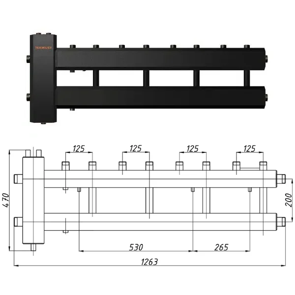 Коллектор для котельной Termojet КГС42В125(200) Ø 1 1/4"×1" - 4+1 контуров (с изоляцией)