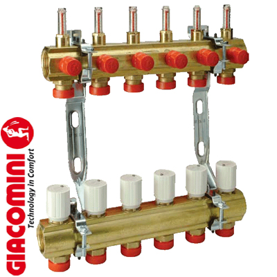 Коллекторная группа Giacomini 1"x18/2,0 - 6 выходов (с расходомерами)