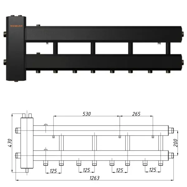 Коллектор для котельной Termojet КГС42Н125(200) Ø 1 1/4"×1" - 4+1 контуров (с изоляцией)