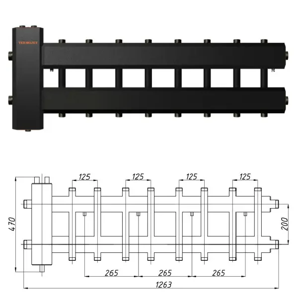 Коллектор для котельной Termojet КГС82ВН125(200) Ø 1 1/4"×1" - 8+1 контуров (с изоляцией)