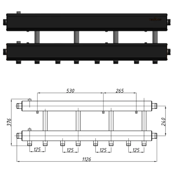 Коллектор для котельной Termojet К42Н125(240) Ø 1-1/2"×1" - 4+1 контуров (в изоляции)