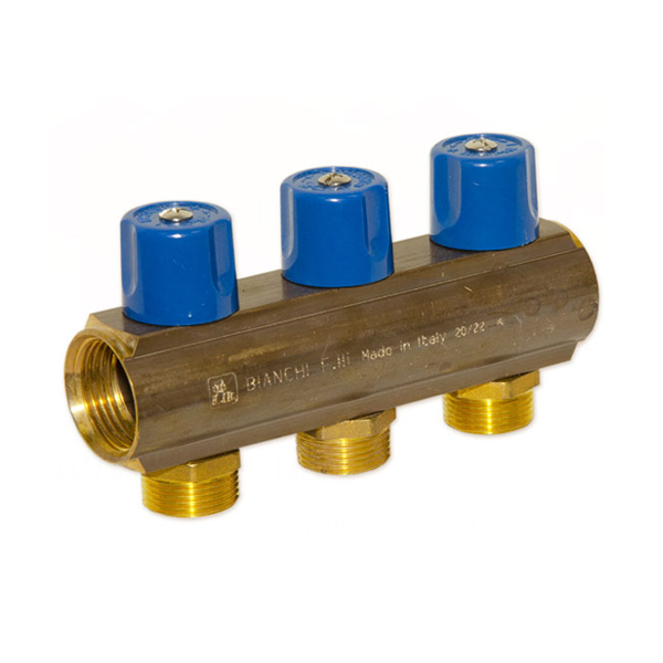 Колектор з вентилями Bianchi Ø 1"×3/4" EK - 3 контури, I=50 мм (blue/синій)