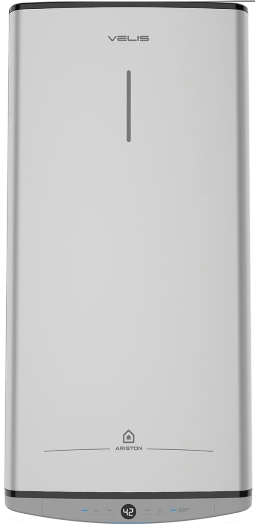 Водонагрівач електр. Ariston плаский слім VELIS TECH 80 EU, 80л, 2*1,5кВт, ун. монтаж, електр. кер-ння, B, Італія, Сірий