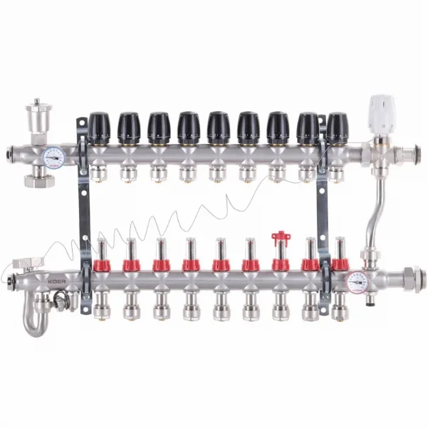 Коллектор со смесительным узлом Koer KR.S1013 Ø 1"×3/4" EK - 9 контуров (с зонным вентилем)